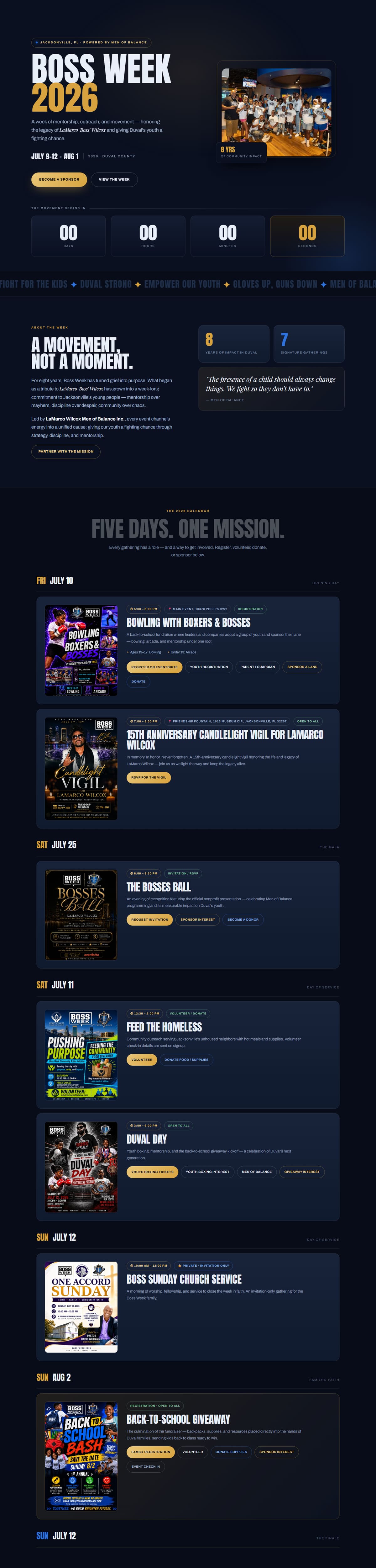 Full homepage of Boss Week 2026